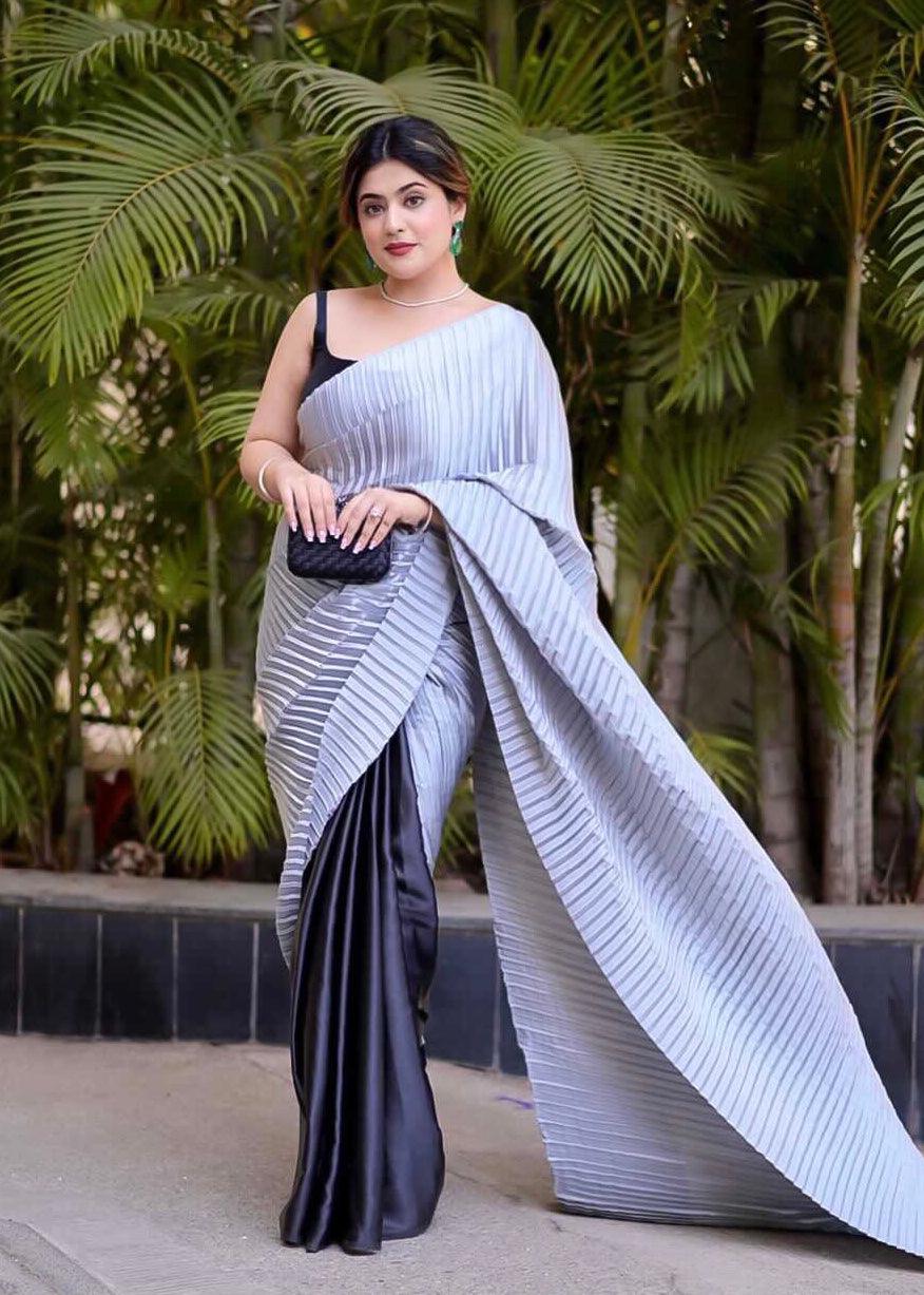 Black and grey pleated saree - Ekaa Fashion