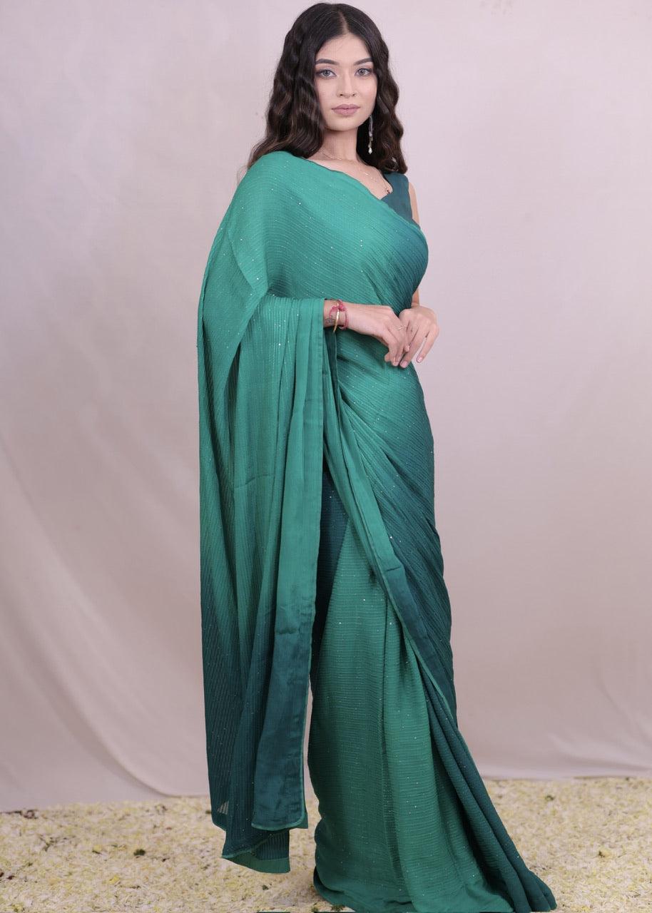 Leaf and fem green ombre saree - Ekaa Fashion