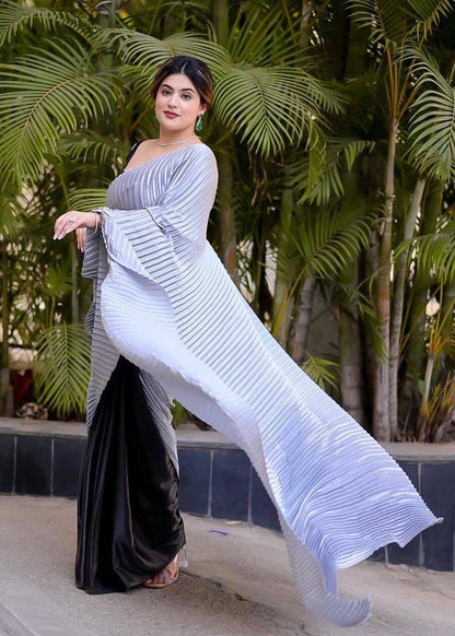 Black and grey pleated saree - Ekaa Fashion