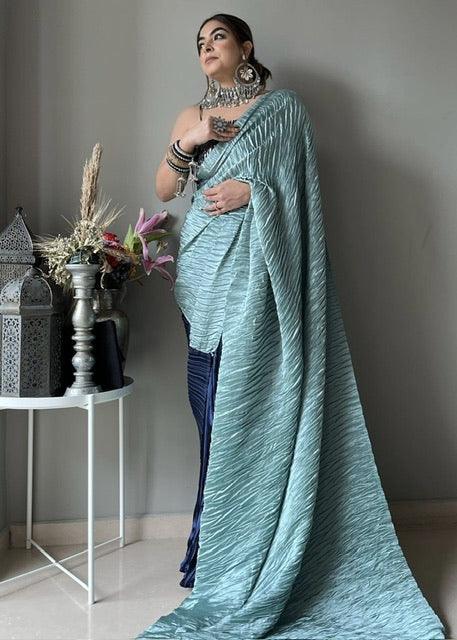 Aqua green and navy blue pleated saree - Ekaa Fashion