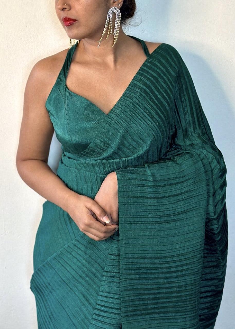 Emerald green pleated saree - Ekaa Fashion