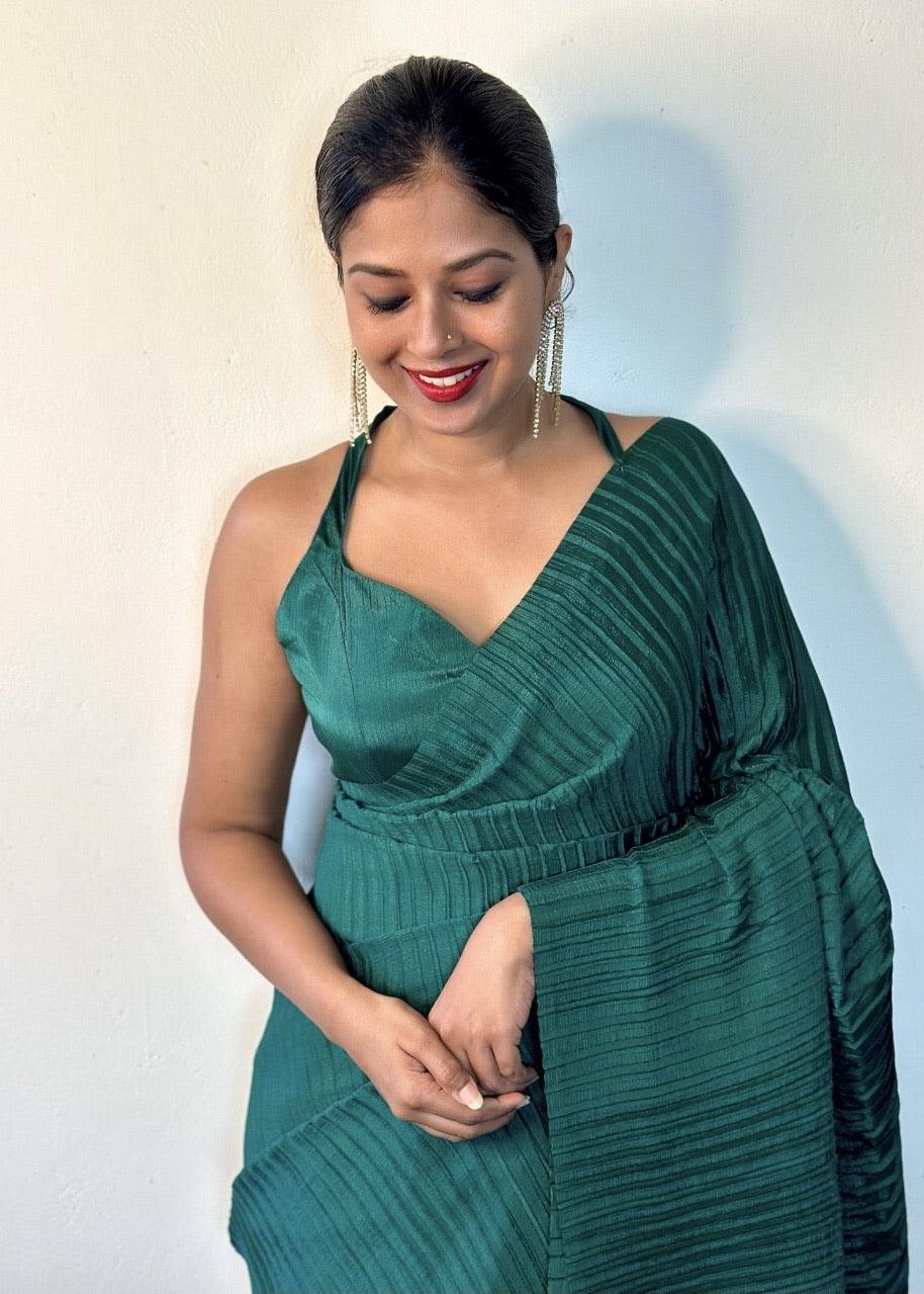 Emerald green pleated saree - Ekaa Fashion